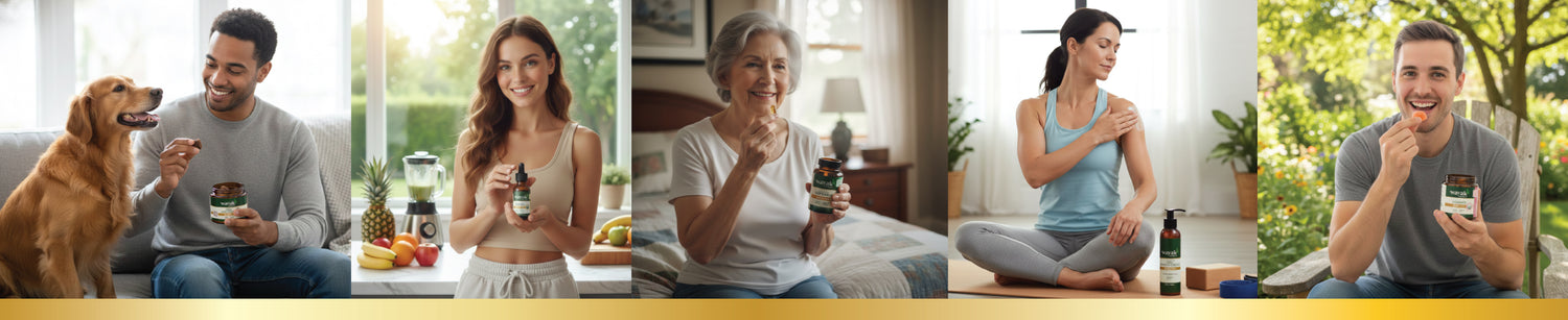 Wayak Herbals CBD products in everyday life - dog chews, oil, softgels, sports cream, and gummies used by different people