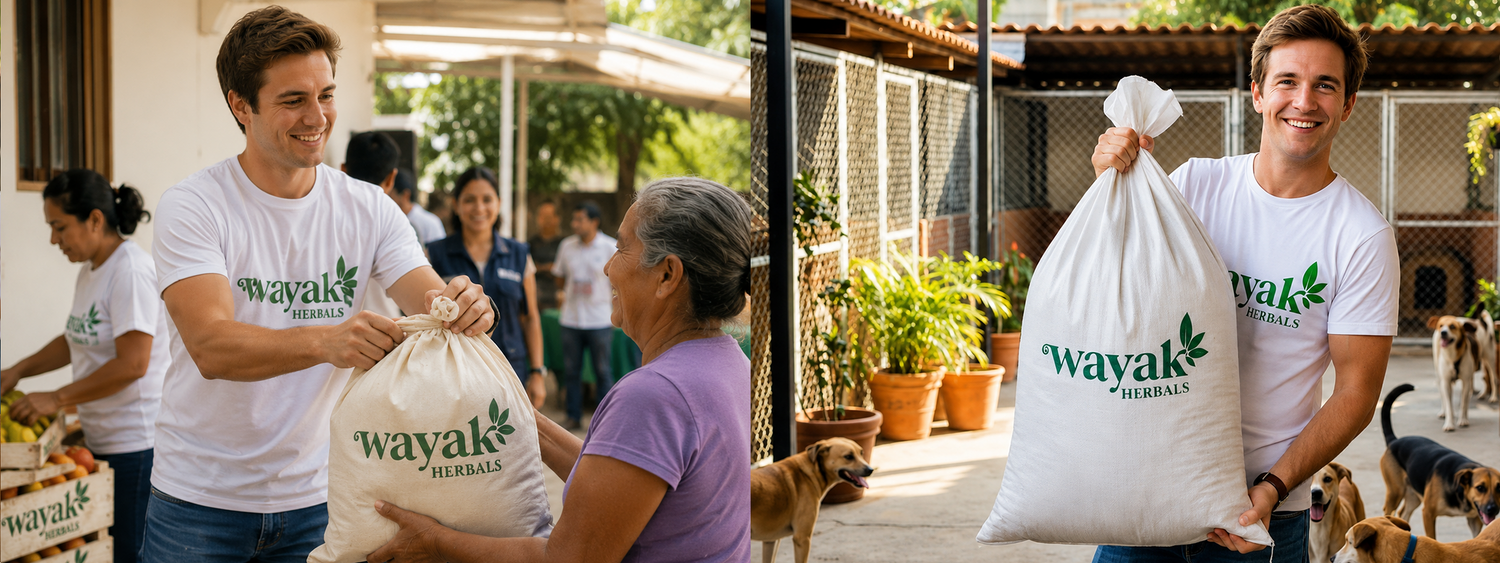 Wayaak Herbals volunteers distributing food donations to a community member, with another volunteer carrying a large donation bag at an animal shelter.