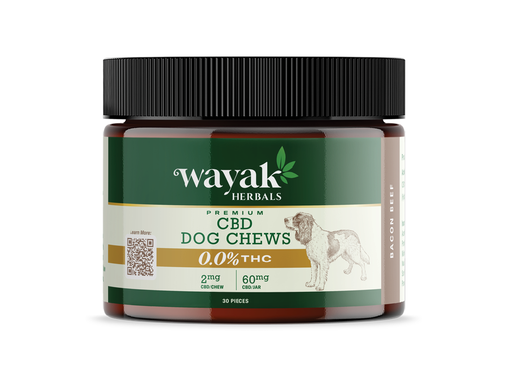 Wayaak Herbals premium CBD dog chews in a 30-piece jar, bacon flavor, with 0.0% THC
