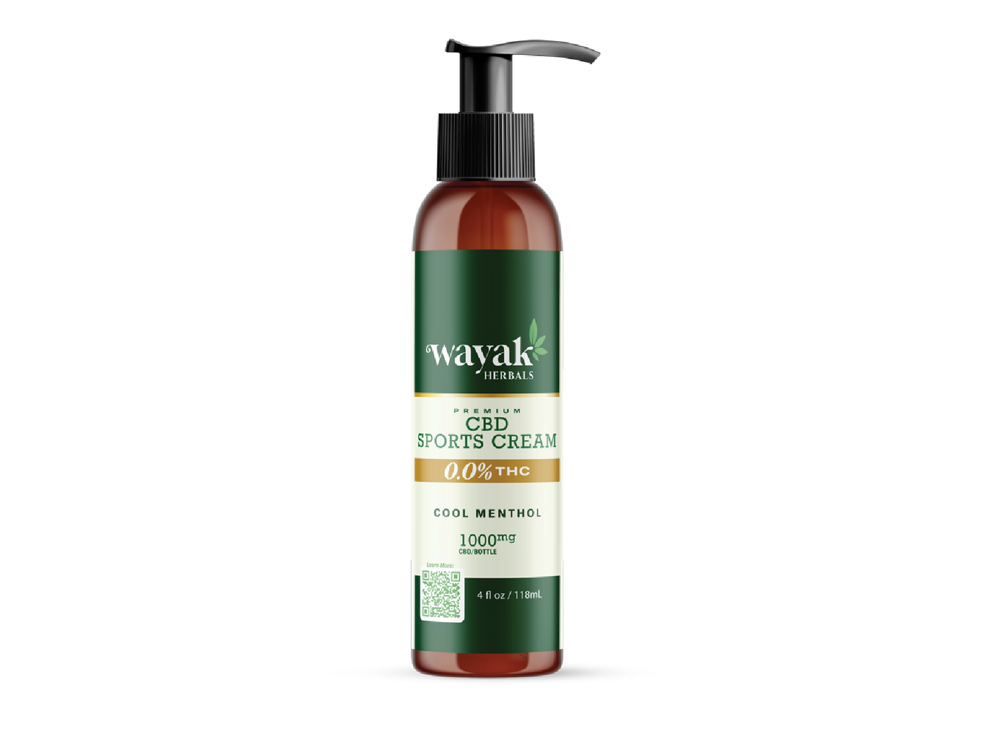 Wayak Herbals Premium CBD Sports Cream, Cool Menthol, 1000mg CBD, 0.0% THC, 4 fl oz amber pump bottle