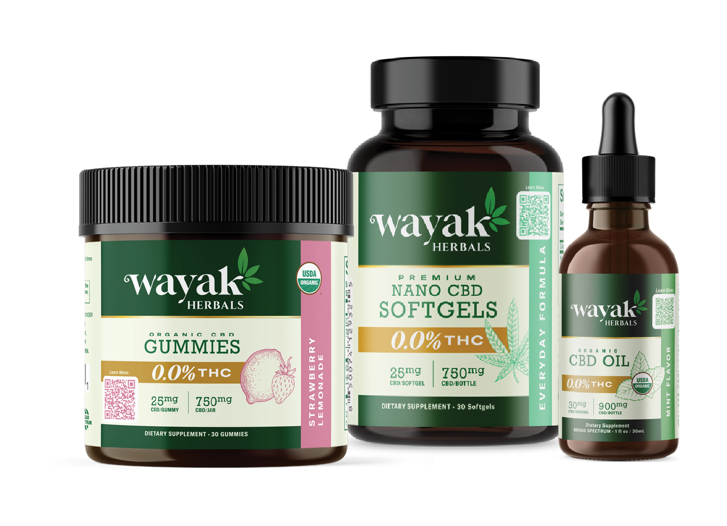 Wayaak Herbals organic CBD product set featuring strawberry lemonade gummies, premium nano CBD softgels, and mint-flavored CBD oil, all with 0.0% THC.