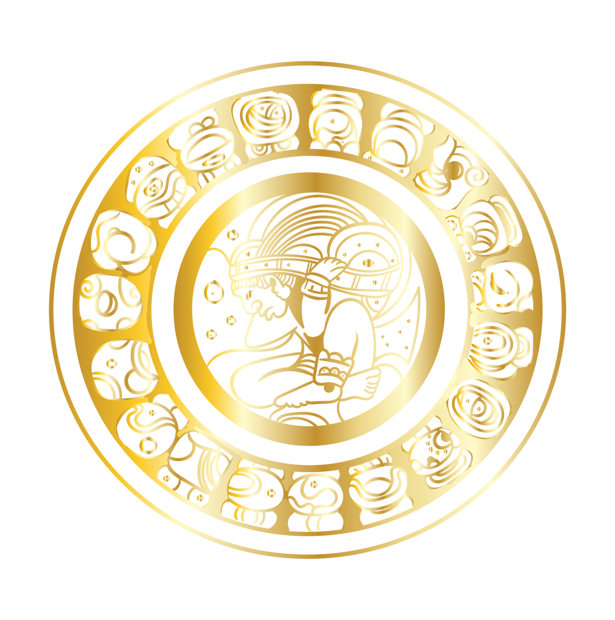 Wayak Herbals gold Maya-inspired emblem with calendar glyphs and ancestral figure