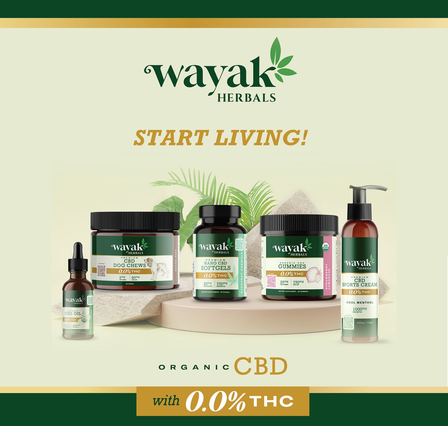 Wayaak Herbals organic CBD product collection featuring CBD oil, dog chews, softgels, gummies, and sports cream with 0.0% THC